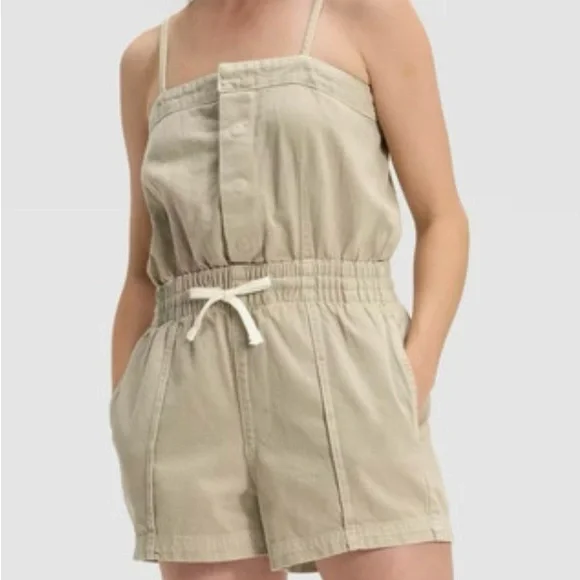 NWT Women’s Universal Thread khaki green denim romper Jumpsuit Drawstring Waist - Picture 1 of 6